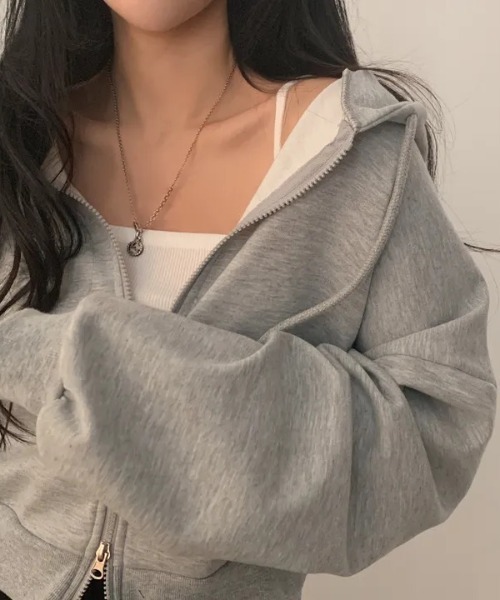 yuue' ( wear )（ユーイ）の「ダブルジップショートパーカー/冷房対策 UVカットフーディー（パーカー・レディース・グレー/ブラック/ライトグレー/ワインレッド/チャコールグレー/ダークブラウン/ネイビー/ピンク/ブルーグリーン/パープル・FREE）」の14枚目の写真