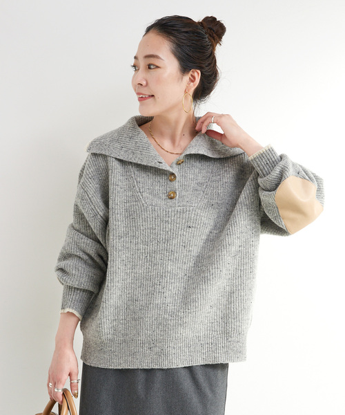 B.C STOCK（ベーセーストック）の「ネップヤーンエルボーパッチニット（ニット/セーター・レディース・チャコールグレー/ブラウン・FREE）」の7枚目の写真