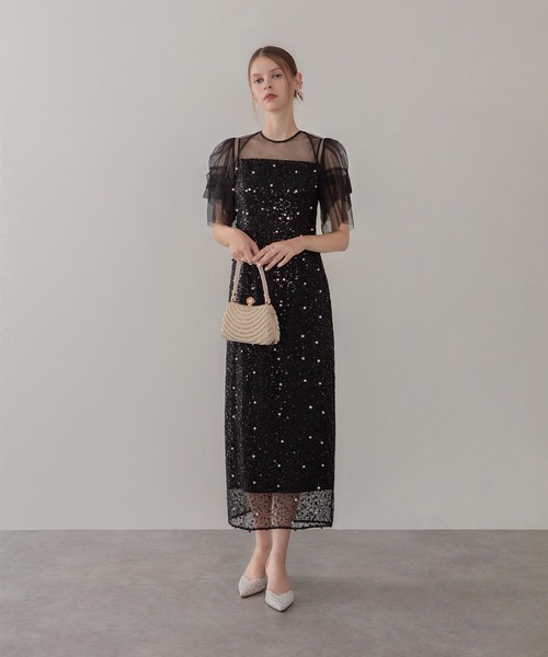 Leja スパンコール オケージョンドレス Leja ドレス 「LEJA」スパンコールフラワーIラインワンピース