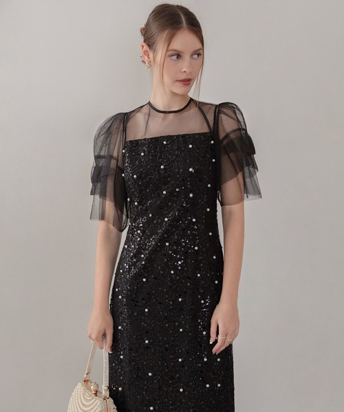 セール】【LEJA】スパンコールパールミックスボレロIラインワンピース