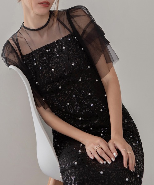 LEJA】スパンコールパールミックスボレロIラインワンピースドレス2点