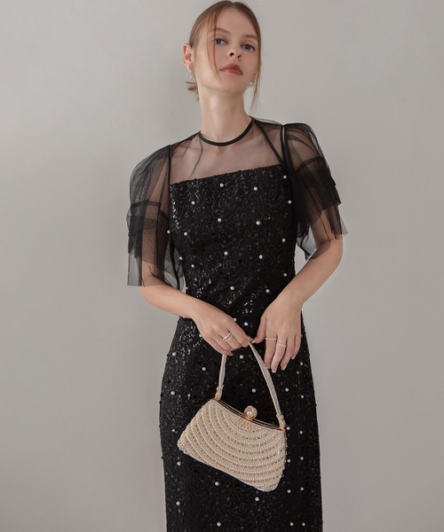 LEJA】スパンコールパールミックスボレロIラインワンピースドレス2点