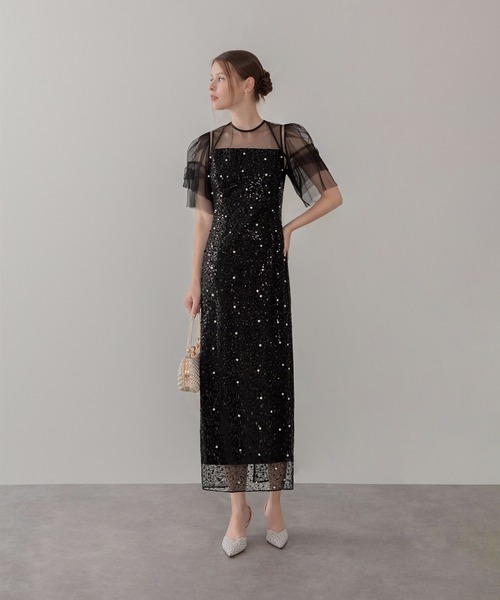 LEJA】スパンコールパールミックスボレロIラインワンピースドレス2点