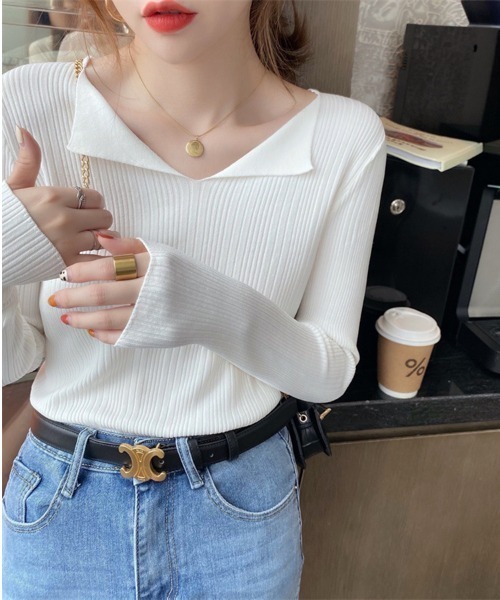 Beststore(ベストストア)の「フロント開き Vネック ニットトップス 長袖(ニット/セーター・レディース・ピンク/グリーン/ホワイト/ブラウン系その他/ライトベージュ/ブラック・FREE)」の1枚目の写真