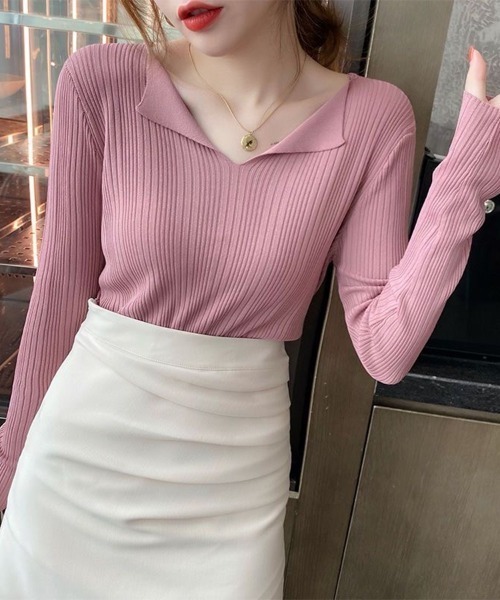 Beststore(ベストストア)の「フロント開き Vネック ニットトップス 長袖(ニット/セーター・レディース・ピンク/グリーン/ホワイト/ブラウン系その他/ライトベージュ/ブラック・FREE)」の6枚目の写真