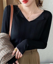 フロント開き Vネック ニットトップス 長袖