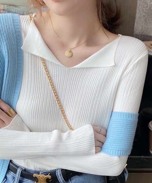 Beststore(ベストストア)の「フロント開き Vネック ニットトップス 長袖(ニット/セーター・レディース・ピンク/グリーン/ホワイト/ブラウン系その他/ライトベージュ/ブラック・FREE)」の8枚目の写真