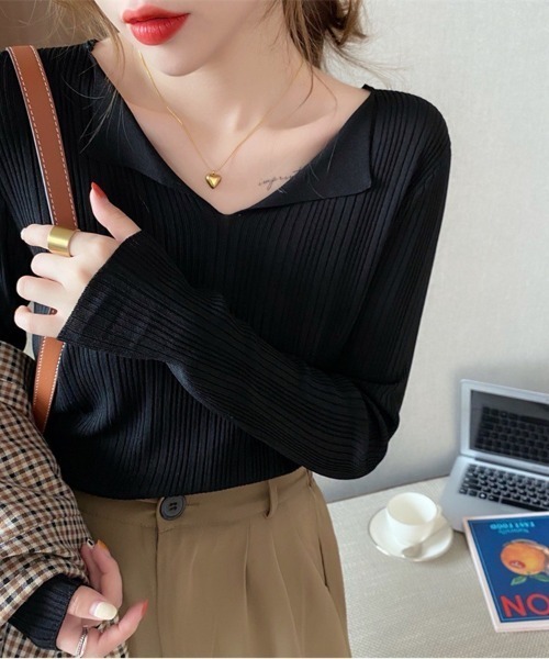 Beststore(ベストストア)の「フロント開き Vネック ニットトップス 長袖(ニット/セーター・レディース・ピンク/グリーン/ホワイト/ブラウン系その他/ライトベージュ/ブラック・FREE)」の9枚目の写真