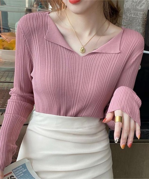 Beststore(ベストストア)の「フロント開き Vネック ニットトップス 長袖(ニット/セーター・レディース・ピンク/グリーン/ホワイト/ブラウン系その他/ライトベージュ/ブラック・FREE)」の11枚目の写真