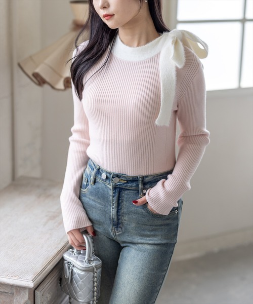 clear（クリア）の「配色リボンニットトップス[着回し力抜群 ガーリー]（ニット/セーター・レディース・ブラック/グレー/ピンク・F）」の3枚目の写真