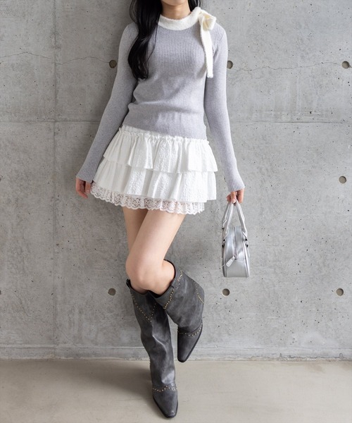 clear（クリア）の「配色リボンニットトップス[着回し力抜群 ガーリー]（ニット/セーター・レディース・ブラック/グレー/ピンク・F）」の8枚目の写真