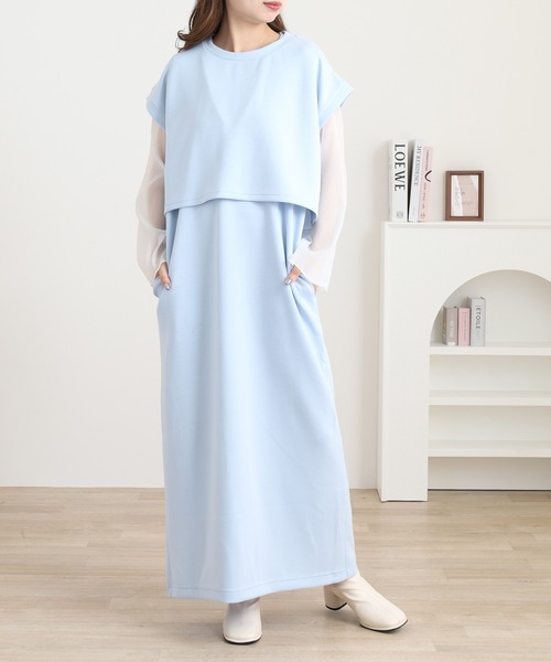 OMNES(オムネス)の「ソフトダンボールニットフレンチスリーブプルオーバーVネックジャンスカセット(ワンピース・レディース・ベージュ/ブラック/ライトブルー/アイボリー・FREE)」の1枚目の写真