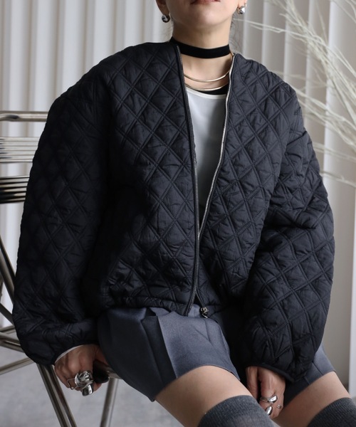 セール】ダイヤキルティング中綿ブルゾン/ノーカラーブルゾン（ダウン