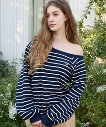 LETTER FROM MOON（レターフロムムーン）の「Edin Off-Shoulder Striped Sweatshirt (Navy)（スウェット）」