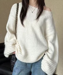 ワイドネック ボリュームスリーブニットプルオーバー