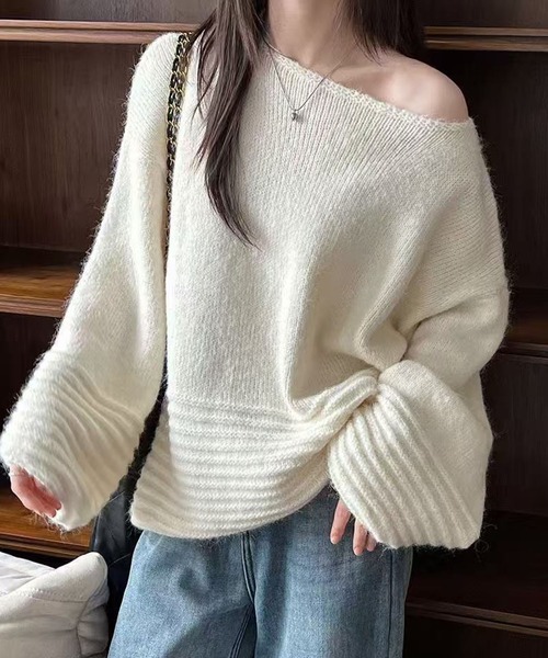 meJane（ミージェーン）の「ワイドネック ボリュームスリーブニットプルオーバー（ニット/セーター・レディース・ライトベージュ/オフホワイト/グレー/ブラウン・FREE）」の5枚目の写真