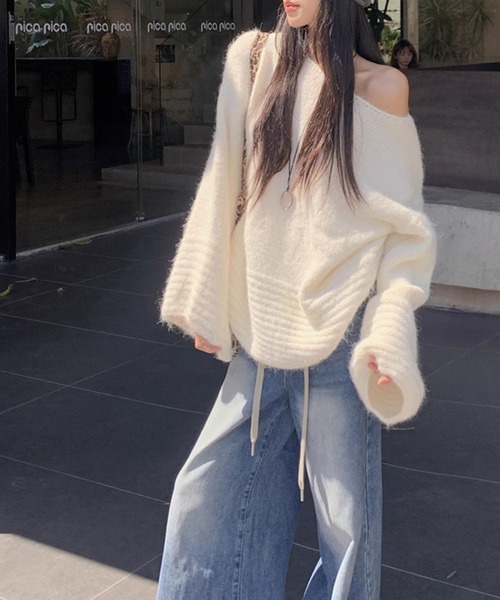 meJane（ミージェーン）の「ワイドネック ボリュームスリーブニットプルオーバー（ニット/セーター・レディース・ライトベージュ/オフホワイト/グレー/ブラウン・FREE）」の8枚目の写真