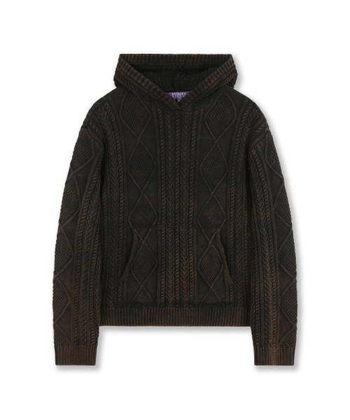 FISHERMAN CABLE KNIT HOODIE WASHED BLACK