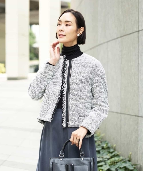 MICHEL KLEIN（ミッシェル・クラン）の「[セットアップ対応]ファンシーツイードノーカラージャケット（ノーカラージャケット・レディース・グレー/ネイビー・38）」の15枚目の写真