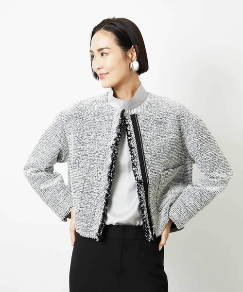 MICHEL KLEIN（ミッシェル・クラン）の「[セットアップ対応]ファンシーツイードノーカラージャケット（ノーカラージャケット・レディース・グレー/ネイビー・38）」の9枚目の写真