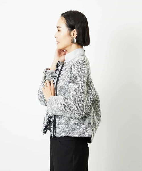 MICHEL KLEIN（ミッシェル・クラン）の「[セットアップ対応]ファンシーツイードノーカラージャケット（ノーカラージャケット・レディース・グレー/ネイビー・38）」の8枚目の写真