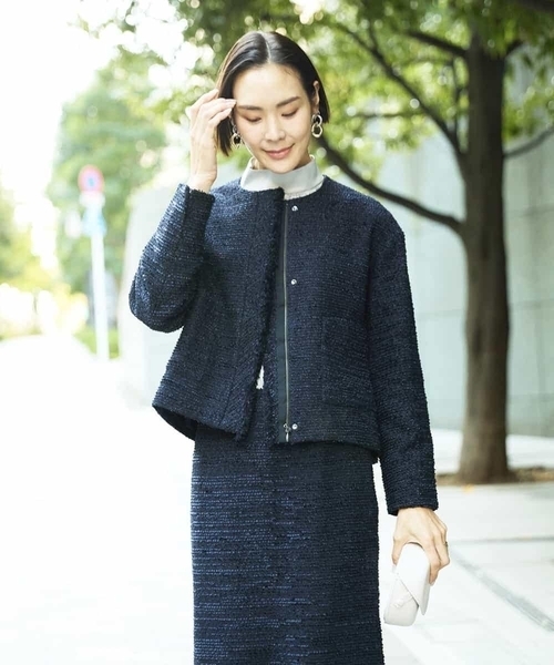 MICHEL KLEIN（ミッシェル・クラン）の「[セットアップ対応]ファンシーツイードノーカラージャケット（ノーカラージャケット・レディース・グレー/ネイビー・38）」の22枚目の写真