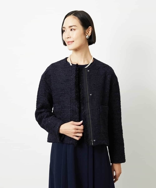 MICHEL KLEIN（ミッシェル・クラン）の「[セットアップ対応]ファンシーツイードノーカラージャケット（ノーカラージャケット・レディース・グレー/ネイビー・38）」の17枚目の写真