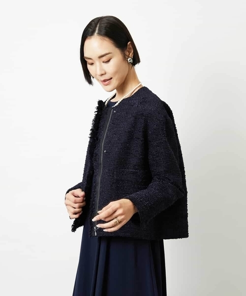 MICHEL KLEIN（ミッシェル・クラン）の「[セットアップ対応]ファンシーツイードノーカラージャケット（ノーカラージャケット・レディース・グレー/ネイビー・38）」の16枚目の写真