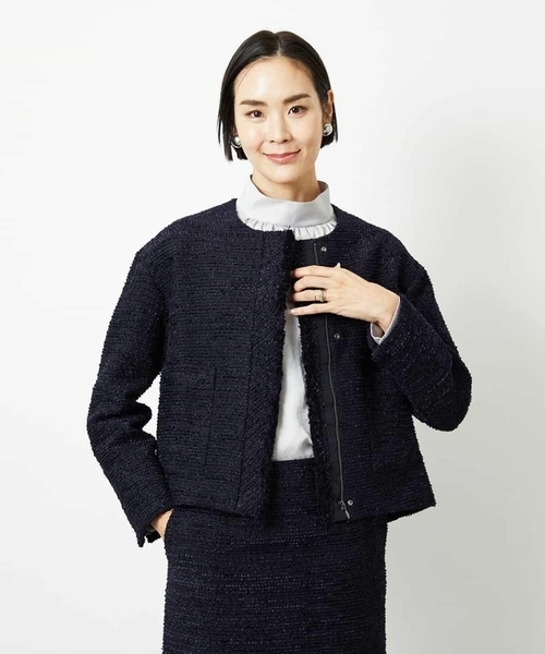 MICHEL KLEIN（ミッシェル・クラン）の「[セットアップ対応]ファンシーツイードノーカラージャケット（ノーカラージャケット・レディース・グレー/ネイビー・38）」の12枚目の写真