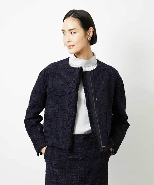 MICHEL KLEIN（ミッシェル・クラン）の「[セットアップ対応]ファンシーツイードノーカラージャケット（ノーカラージャケット・レディース・グレー/ネイビー・38）」の11枚目の写真