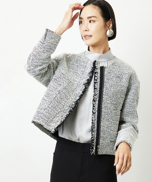 MICHEL KLEIN（ミッシェル・クラン）の「[セットアップ対応]ファンシーツイードノーカラージャケット（ノーカラージャケット・レディース・グレー/ネイビー・38）」の2枚目の写真