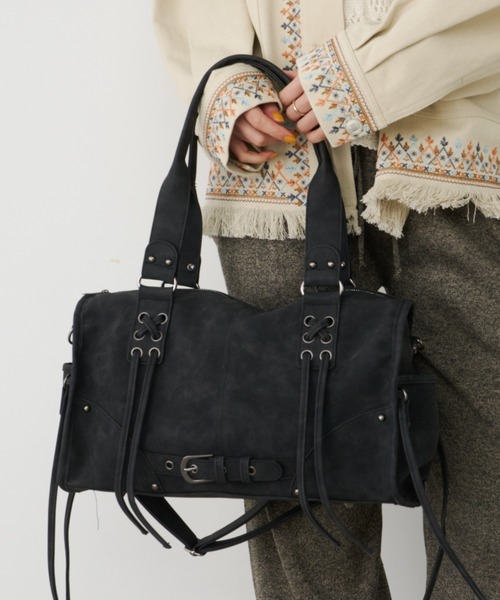 Unitage（ユニテージ）の「クロスデザインボストンバッグ【select item】（ボストンバッグ・レディース・ブラウン/ブラック・FREE）」の3枚目の写真