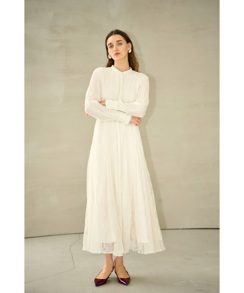 Estella.K(エステラケー)の「Alyssa Pleaded Long Dress レーススウィッチングプリーツドレス(ワンピース・レディース・オフホワイト/モーブ系/ドット・FREE)」の6枚目の写真
