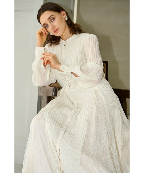 Estella.K(エステラケー)の「Alyssa Pleaded Long Dress レーススウィッチングプリーツドレス(ワンピース・レディース・オフホワイト/モーブ系/ドット・FREE)」の13枚目の写真
