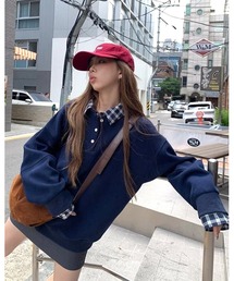 inst.ALL（インストール）の「春も使える！チェックレイヤードヘンリーネックトップス（スウェット）」