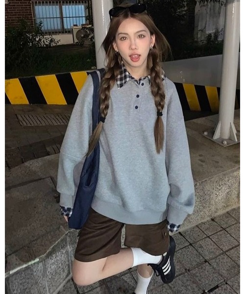 inst.ALL(インストール)の「春も使える!チェックレイヤードヘンリーネックトップス(スウェット・レディース・ネイビー/グレー・M)」の1枚目の写真