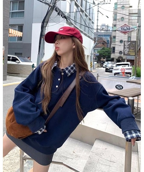 inst.ALL(インストール)の「春も使える!チェックレイヤードヘンリーネックトップス(スウェット・レディース・ネイビー/グレー・M)」の22枚目の写真
