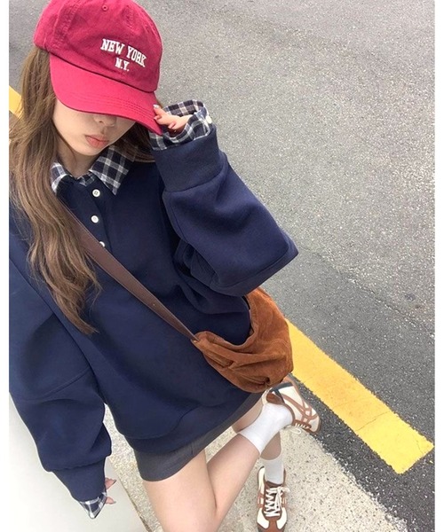 inst.ALL(インストール)の「春も使える!チェックレイヤードヘンリーネックトップス(スウェット・レディース・ネイビー/グレー・M)」の8枚目の写真