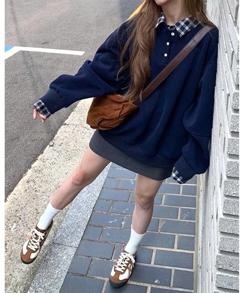 inst.ALL(インストール)の「春も使える!チェックレイヤードヘンリーネックトップス(スウェット・レディース・ネイビー/グレー・M)」の11枚目の写真