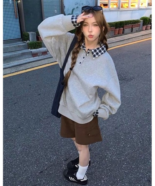 inst.ALL(インストール)の「春も使える!チェックレイヤードヘンリーネックトップス(スウェット・レディース・ネイビー/グレー・M)」の13枚目の写真