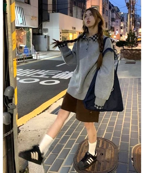 inst.ALL(インストール)の「春も使える!チェックレイヤードヘンリーネックトップス(スウェット・レディース・ネイビー/グレー・M)」の14枚目の写真