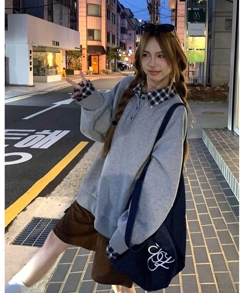 inst.ALL(インストール)の「春も使える!チェックレイヤードヘンリーネックトップス(スウェット・レディース・ネイビー/グレー・M)」の16枚目の写真