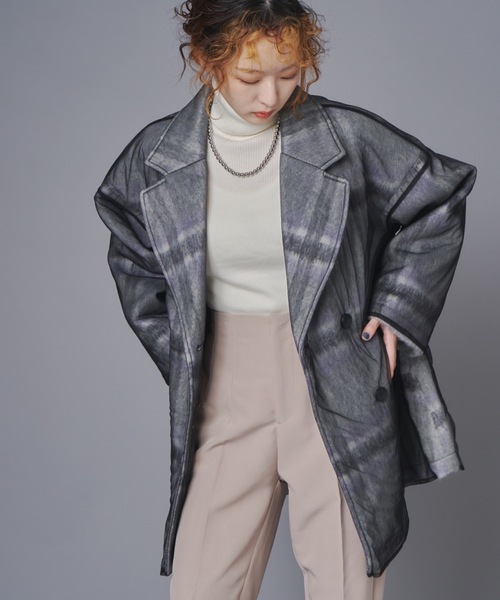terrace(テラス)の「シャギーチェックチュールレースレイヤードPジャケット(ピーコート・レディース・グレー系/ベージュ系/ブルー系・MEDIUM)」の8枚目の写真