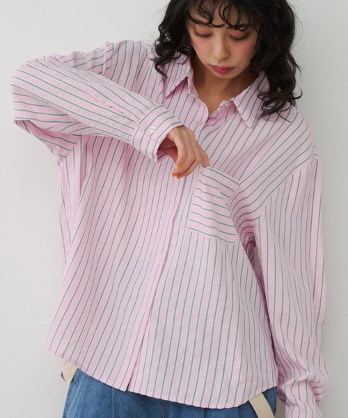 Unitage（ユニテージ）の「サッカーストライプシャツ（シャツ/ブラウス・レディース・イエロー/ブルー/ピンク・FREE）」の3枚目の写真