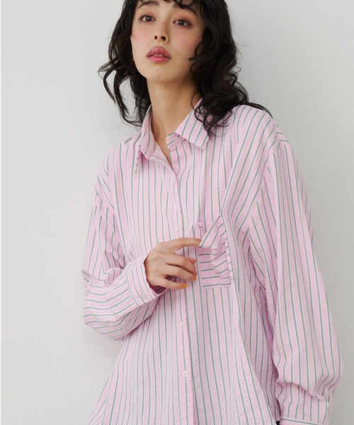 Unitage（ユニテージ）の「サッカーストライプシャツ（シャツ/ブラウス・レディース・イエロー/ブルー/ピンク・FREE）」の5枚目の写真