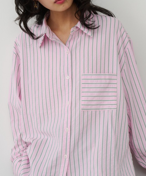 Unitage（ユニテージ）の「サッカーストライプシャツ（シャツ/ブラウス・レディース・イエロー/ブルー/ピンク・FREE）」の7枚目の写真