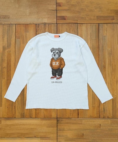 UN-FILLED(アンフィルド)の「mlt5571-UF DOG WAFFLE LONG SLEEVE T-shirt ロンT(シュナウザー)-着丈前後差無(SDUF-2604SNZ-L)(Tシャツ/カットソー・メンズ・アイボリー/グレー/ホワイト・ONE SIZE)」の1枚目の写真