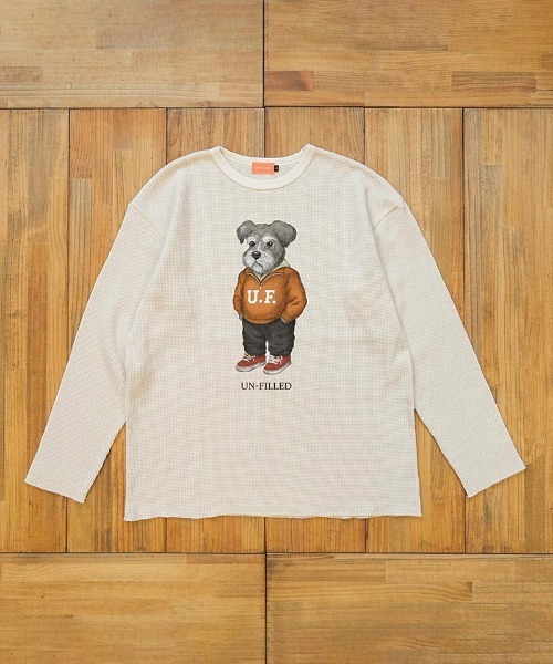 UN-FILLED(アンフィルド)の「mlt5571-UF DOG WAFFLE LONG SLEEVE T-shirt ロンT(シュナウザー)-着丈前後差無(SDUF-2604SNZ-L)(Tシャツ/カットソー・メンズ・アイボリー/グレー/ホワイト・ONE SIZE)」の2枚目の写真