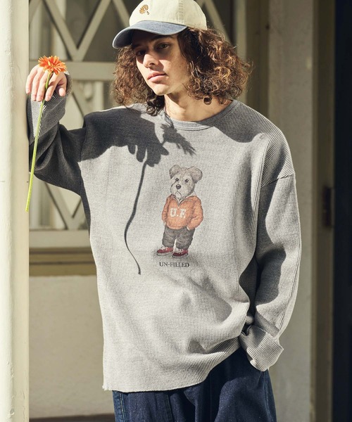 UN-FILLED(アンフィルド)の「mlt5571-UF DOG WAFFLE LONG SLEEVE T-shirt ロンT(シュナウザー)-着丈前後差無(SDUF-2604SNZ-L)(Tシャツ/カットソー・メンズ・アイボリー/グレー/ホワイト・ONE SIZE)」の4枚目の写真