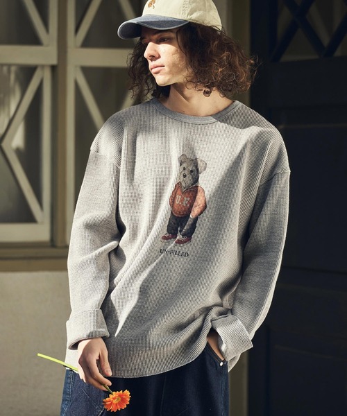UN-FILLED(アンフィルド)の「mlt5571-UF DOG WAFFLE LONG SLEEVE T-shirt ロンT(シュナウザー)-着丈前後差無(SDUF-2604SNZ-L)(Tシャツ/カットソー・メンズ・アイボリー/グレー/ホワイト・ONE SIZE)」の5枚目の写真